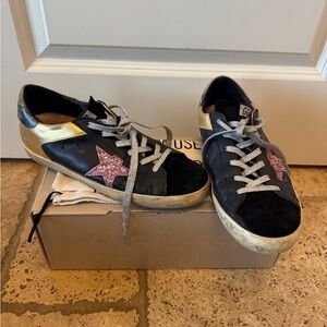 Golden Goose Black Sneakers with Glitter Pink Star and Gold Heel